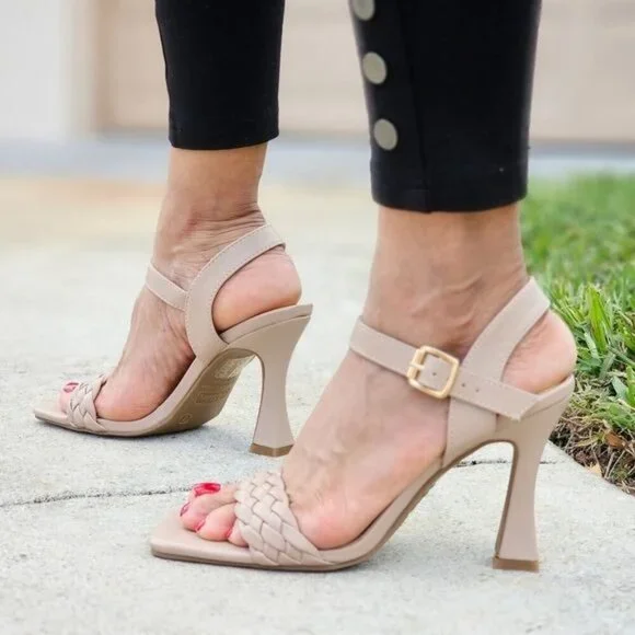 Elegant Nude Square Open Toe Sandals Women’s Braided Ankle Strap - Picture 2 of 5
